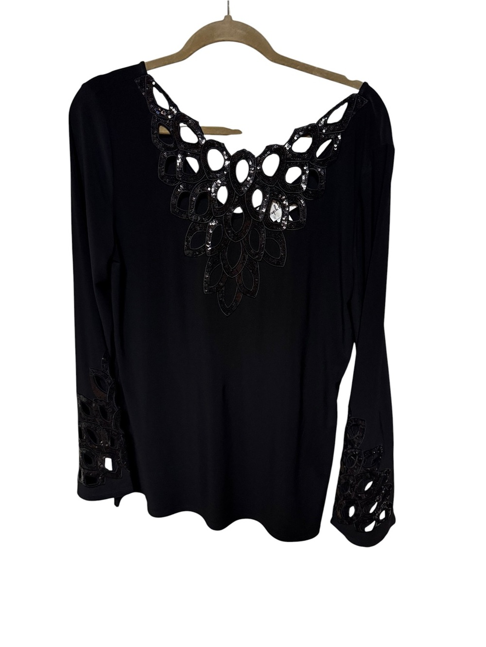 Joseph Ribkoff Black Long-Sleeve Top with Cutout Embellished Neckline